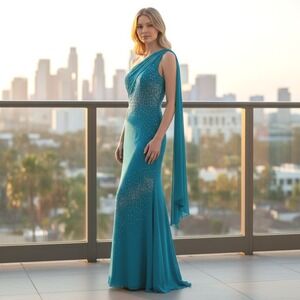 Y2K Vintage Blue Sequin Formal Fairy Asymmetrical Prom Maxi Dress